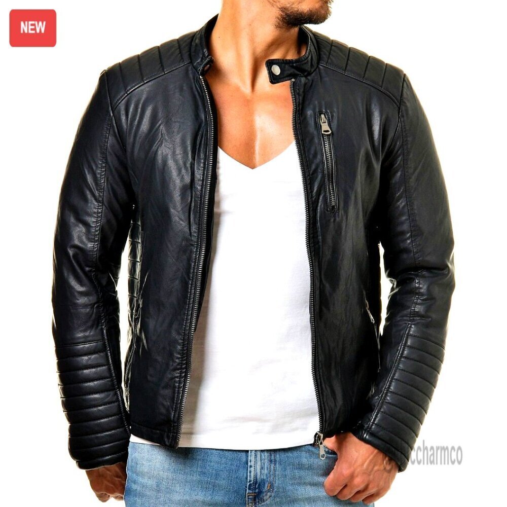 Genuine Lambskin Leather Biker Jacket Vintage Classic Motorcycle Style Men's